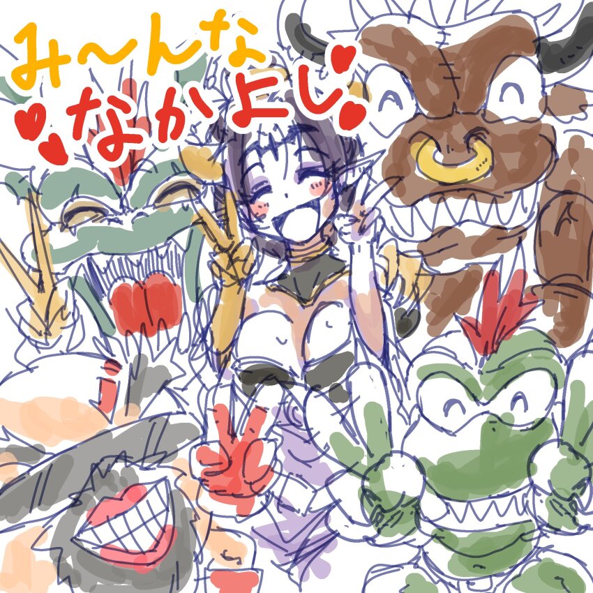 breasts demon demon_girl digimon digimon_(creature) fallen_angel goburimon highres lilithmon mark_of_evil medium_breasts minotaurmon nanimon orgemon smile wings