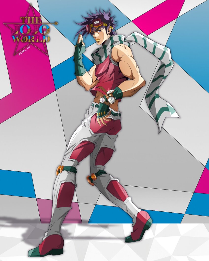 1boy arrow_print battle_tendency biceps commentary denim fingerless_gloves genda_art gloves goggles goggles_on_head green_gloves green_scarf grey_pants grey_scarf highres jeans jojo_no_kimyou_na_bouken joseph_joestar joseph_joestar_(young) knee_pads logo male_focus midriff multicolored_pants muscular official_style pants parody purple_eyes purple_hair recolored red_pants red_shirt red_shoes salute scarf shirt shoes sleeveless sleeveless_shirt solo striped_clothes striped_scarf style_parody two-finger_salute watch wristwatch yellow_lips