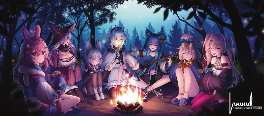 6+girls :p ahoge animal_ear_fluff animal_ears anklet antlers belt black_belt black_footwear black_gloves black_headwear black_hoodie black_pantyhose black_scarf black_shirt blonde_hair blue_bow blue_eyes blue_hair bow braid breasts campfire cleavage closed_eyes closed_mouth collared_shirt crossed_bangs crossed_legs cup deer_girl dress fish fishnet_top fishnets flashlight forest fox_ears fox_girl fujikura_uruka fujikura_uruka_(1st_costume) fur-trimmed_gloves fur_trim gloves grey_hair guitar h2osakana hair_between_eyes hair_bow hair_ornament hakushika_iori hat heart heart_hair_ornament highres holding holding_cup holding_flashlight holding_guitar holding_instrument hood hood_down hoodie horns instrument jacket jewelry kneeling large_breasts long_hair long_sleeves luwudco maid_headdress multicolored_hoodie multiple_girls nature necktie open_clothes open_jacket open_mouth pantyhose phase_connect pink_bow pink_hair pink_thighhighs pipkin_pippa pipkin_pippa_(1st_costume) rabbit_ears rabbit_girl rabbit_hair_ornament rinkou_ashelia rinkou_ashelia_(lia_2.0) scarf shirt shisui_michiru_(phase_connect) short_hair signature single_thighhigh sitting sleeves_past_fingers sleeves_past_wrists slippers smile tenma_maemi tenma_maemi_(1st_costume) thigh_belt thigh_strap thighhighs tongue tongue_out torn_clothes torn_pantyhose tree twin_braids twintails unzipped utatane_nasa virtual_youtuber white_dress white_footwear white_necktie witch_hat