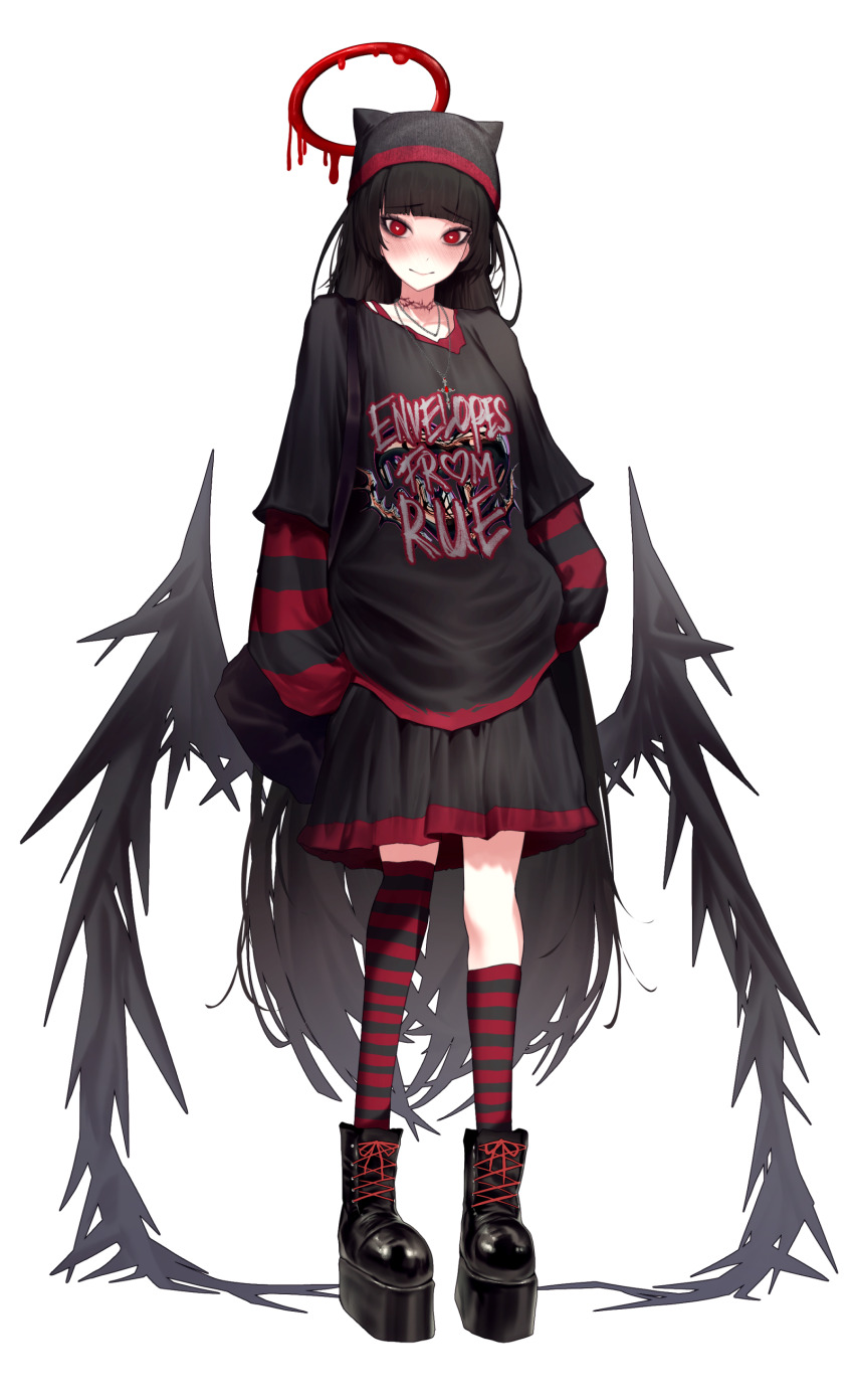 1girl absurdres alternate_costume animal_ear_headwear black_boots black_hat black_shirt black_skirt blue_archive blunt_bangs blush boots closed_mouth fake_animal_ears feathered_wings hands_in_pockets hat highres houh888 kneehighs long_hair looking_at_viewer multicolored_socks multicolored_thighhighs red_socks red_thighhighs shirt single_kneehigh single_sock single_thighhigh skirt smile socks solo striped_clothes striped_thighhighs thighhighs tsurugi_(blue_archive) wings