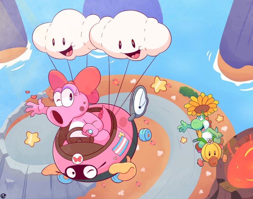 1boy 1girl birdo cloud enderart5 heart highres lava mario_(series) mario_kart mario_kart_8 mario_kart_8_deluxe nintendo no_humans one_eye_closed open_mouth outdoors transgender_colors transgender_flag volcano water waving yoshi