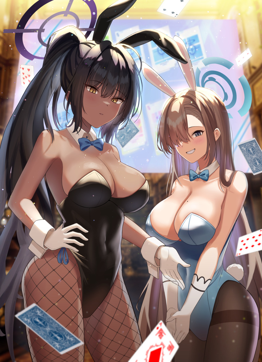 2girls :d absurdres ace_(playing_card) ace_of_diamonds asuna_(blue_archive) asuna_(bunny)_(blue_archive) bare_shoulders black_hair black_headband black_leotard blonde_hair blue_archive blue_bow blurry blurry_background bow bowtie breasts brown_hair card_(medium) closed_mouth covered_navel dark-skinned_female dark_skin detached_collar diamond_(shape) fishnet_legwear fishnets four_of_clubs gloves grey_eyes hair_between_eyes hair_over_one_eye hand_on_own_hip headband highleg highleg_leotard highres holographic_monitor karin_(blue_archive) karin_(bunny)_(blue_archive) large_breasts leotard long_hair looking_at_viewer mole mole_on_breast multiple_girls open_mouth outstretched_hand own_hands_together pantyhose parted_bangs playboy_bunny playing_card ponytail rabbit_tail rahy ribbon sidelocks slit_pupils smile strapless strapless_leotard tail three_of_diamonds traditional_bowtie very_long_hair white_gloves white_headband wrist_cuffs