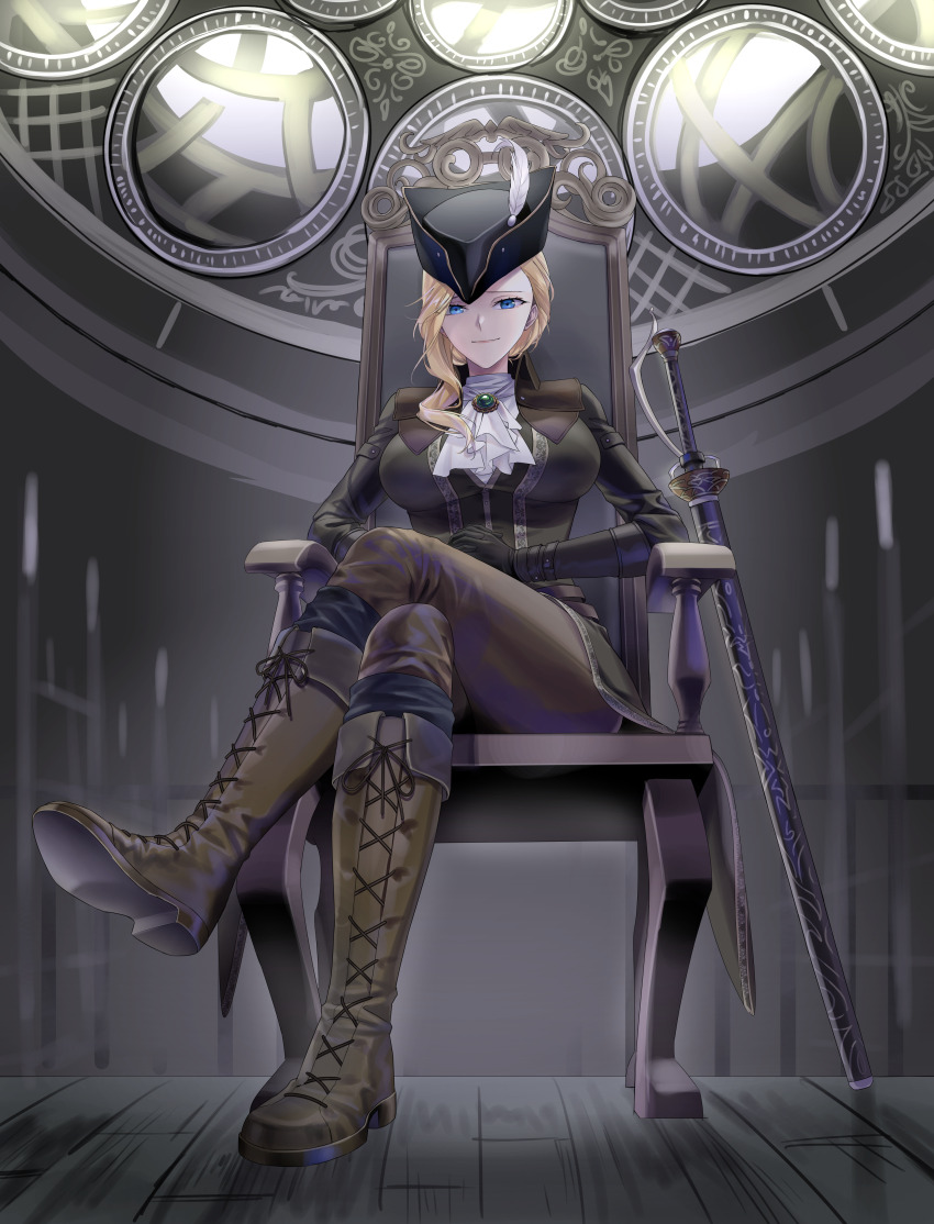 1girl absurdres architecture ascot azur_lane blonde_hair bloodborne blue_eyes boots brooch brown_boots cape chair coat cosplay crossed_legs gem gloves gothic_architecture hat hat_feather highres hood_(azur_lane) jewelry knee_boots lace-up_boots lady_maria_of_the_astral_clocktower lady_maria_of_the_astral_clocktower_(cosplay) long_hair looking_at_viewer own_hands_together rakuyo_(bloodborne) sheath sheathed sitting smile solo suprii sword tricorne victorian weapon