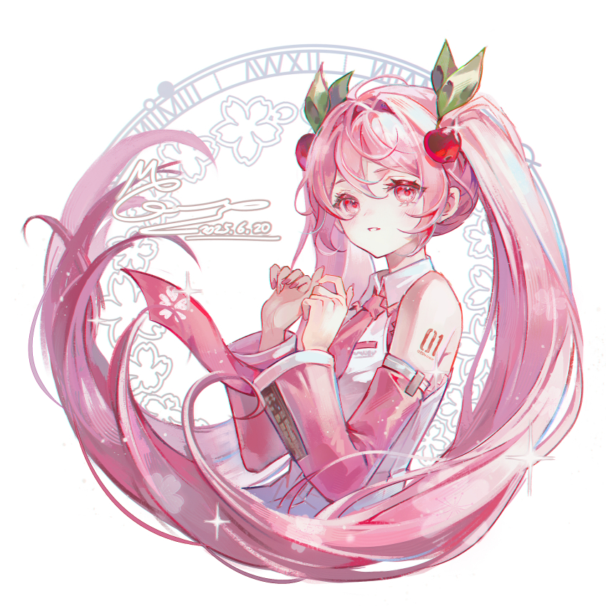 1girl cherry_hair_ornament chinese_commentary collared_shirt commentary_request cropped_torso dated detached_sleeves food-themed_hair_ornament hair_ornament hatsune_miku highres leaf_hair_ornament light_blush long_hair memory_mie nail_polish necktie parted_lips pink_eyes pink_hair pink_nails pink_necktie pink_sleeves sakura_miku shirt signature simple_background sleeveless sleeveless_shirt solo twintails very_long_hair vocaloid white_background white_shirt