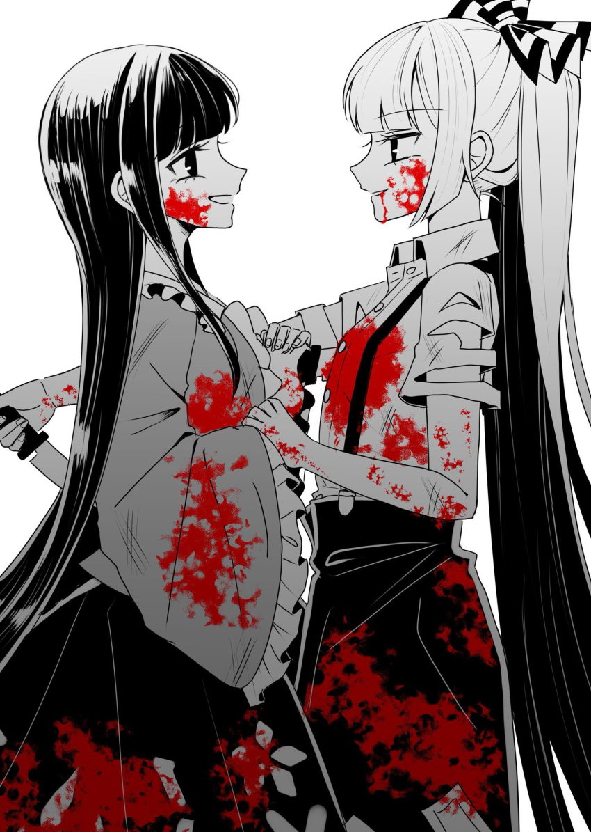 2girls blood blood_from_mouth blood_on_arm blood_on_clothes blood_on_hands blunt_bangs bow collared_shirt commentary_request eye_contact face-to-face flat_chest frilled_shirt_collar frilled_skirt frilled_sleeves frills fujiwara_no_mokou hair_bow high_ponytail highres holding holding_knife houraisan_kaguya knife long_hair long_skirt long_sleeves looking_at_another multiple_girls ofuda ofuda_on_clothes open_mouth pants ponytail shirt short_sleeves sidelocks simple_background skirt smile spot_color stab suspenders tamiko_(tamik0224) torn_clothes torn_shirt touhou very_long_hair white_background wide_sleeves yuri