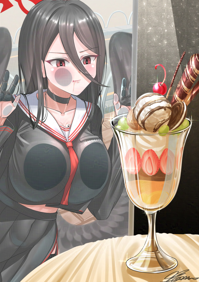 +_+ 1girl against_glass against_window black_choker black_gloves black_hair black_serafuku black_shirt black_skirt black_wings blue_archive blush breast_press breasts_on_glass cheek_on_glass cherry chocolate_syrup choker closed_mouth collarbone cookie dessert drooling feathered_wings food from_outside fruit glass gloves grapes hair_between_eyes hair_over_shoulder half_gloves halo hand_on_glass hands_up hasumi_(blue_archive) highres ice_cream long_hair long_hair_between_eyes long_sleeves low_wings mouth_drool necktie parfait pleated_skirt pocky red_eyes red_halo red_necktie sailor_collar saliva sandwich_cookie school_uniform serafuku shirt shirt_overhang side_slit skirt solharuu strawberry strawberry_parfait sundae wafer_stick white_sailor_collar wings