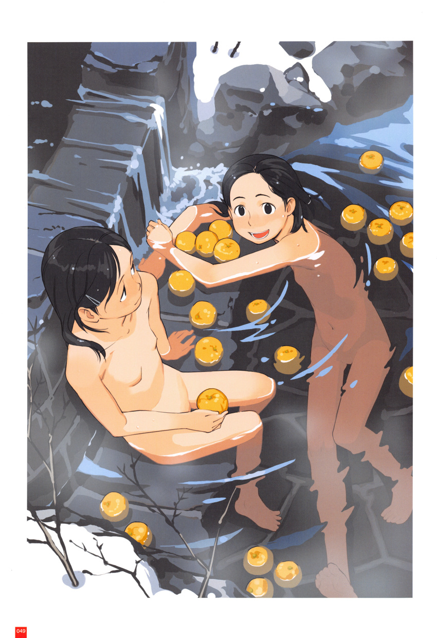 2girls :d absurdres barefoot black_eyes black_hair border branch breasts food from_above fruit groin hair_ornament hairclip highres loli long_hair looking_at_another looking_at_viewer multiple_girls nude one-piece_tan onsen open_mouth original outdoors page_number partially_submerged same-sex_bathing scan shared_bathing short_hair sitting small_breasts smile snow takamichi tan tanline water wet white_border yuzu yuzu_(fruit) yuzu_bath