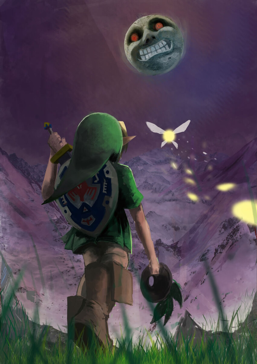 1boy back blonde_hair boots child clenched_teeth commentary_request fairy fukutu-k full_moon grass green_hat green_tunic hat highres holding holding_mask holding_sword holding_weapon kokiri_sword link male_focus mask moon moon_(zelda) mountain night night_sky nintendo outdoors pointy_ears sheath shield short_hair short_sleeves sky sword tatl teeth the_legend_of_zelda the_legend_of_zelda:_majora&#039;s_mask tunic unsheathing walking weapon young_link