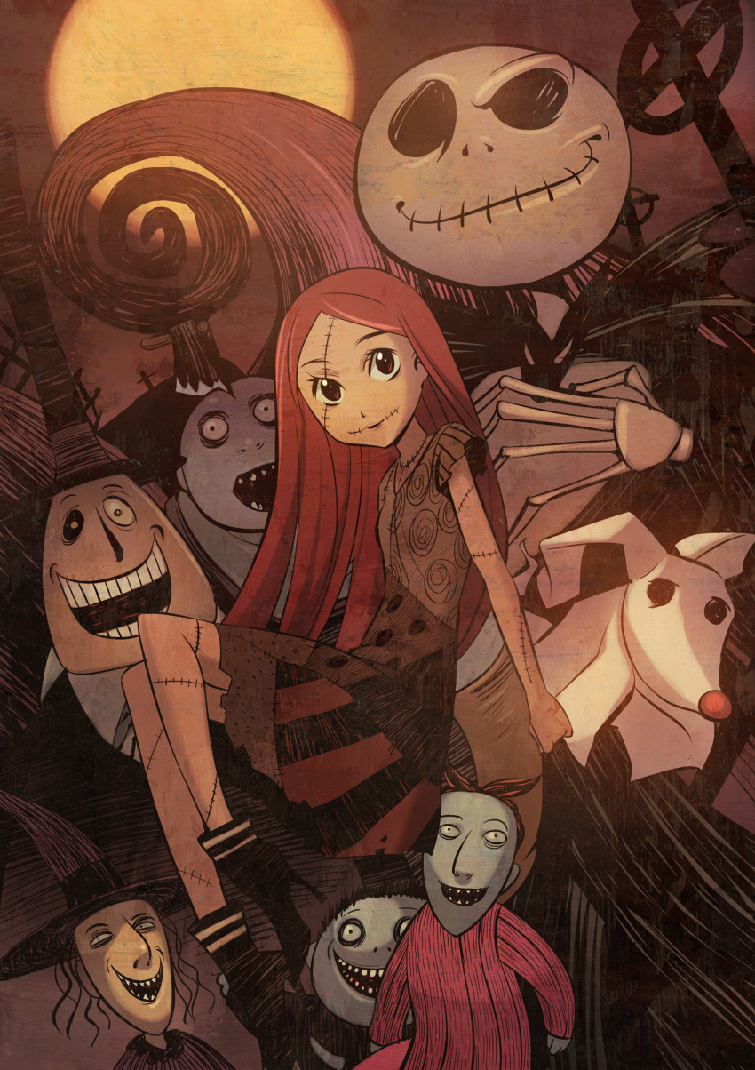 2girls axe bad_id bad_pixiv_id barrel_(nbc) cross demon disney doll full_moon glasgow_smile grave graveyard halloween highres hill hollow_eyes jack_skellington lock_(nbc) lock_shock_barrel mayor moon multiple_girls sally sally_(nbc) shock_(nbc) skeleton smile stitches the_nightmare_before_christmas weapon witch xr650r zero_(nbc)
