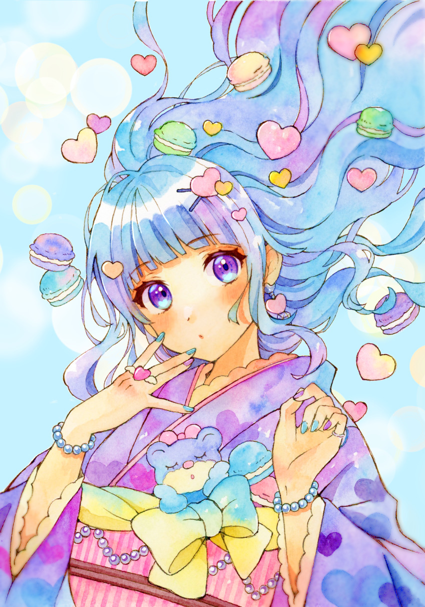 1girl absurdres bead_bracelet beads blue_background blue_hair blue_nails blunt_bangs bracelet commentary earrings fingers_to_mouth floating floating_hair floating_object food hair_ornament hands_up heart heart_hair_ornament heart_in_eye heart_print highres japanese_clothes jewelry kimono long_hair macaron multicolored_hair nail_polish obi obiage obijime original pinky_ring print_kimono purple_eyes purple_hair purple_kimono purple_nails sash solo symbol_in_eye upper_body yuyuharu_1027