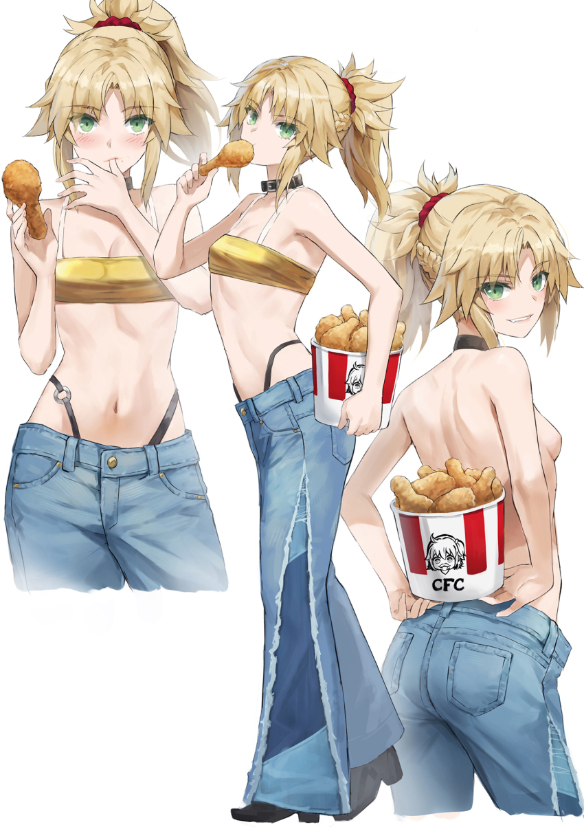1girl ass bandeau bare_shoulders blonde_hair braid breasts bucket_of_chicken chicken_(food) eating fate/apocrypha fate_(series) food fried_chicken green_eyes grin highres long_hair looking_at_viewer midriff mordred_(fate) mordred_(fate/apocrypha) multiple_views navel parted_bangs ponytail sidelocks small_breasts smile tonee topless_female