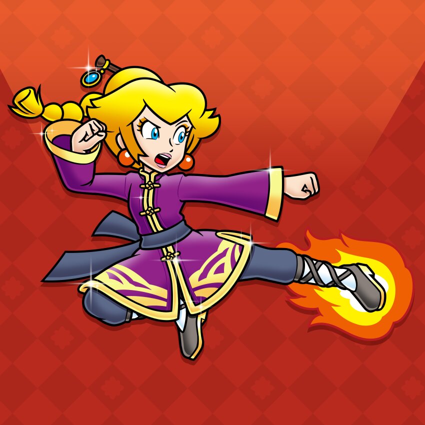 1girl absurdres ankle_socks black_pants black_sash black_shoes blonde_hair blue_eyes braid braided_ponytail changpao chinese_clothes cross-laced_footwear doc_shoddy earrings eyeshadow fire hair_ornament hairpin high_ponytail highres jewelry kicking kung_fu_peach makeup mario_(series) nakaue_shigehisa_(style) nintendo official_alternate_costume official_alternate_hairstyle open_mouth orange_eyeshadow pants pink_lips ponytail princess_peach princess_peach:_showtime! purple_shirt red_background sash shirt shoes socks solo sphere_earrings teeth waist_sash white_socks