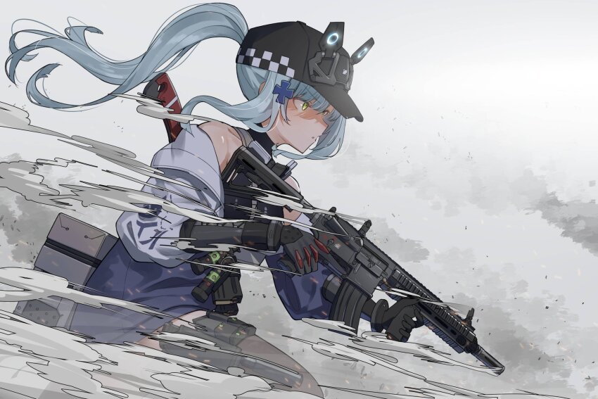 1girl assault_rifle baseball_cap black_hat black_thighhighs blue_hair commentary_request cross_hair_ornament flashbang girls&#039;_frontline girls&#039;_frontline_2:_exilium glock green_eyes gun h&amp;k_hk416 hair_ornament handgun hat highres hk416_(girls&#039;_frontline) holding holding_gun holding_weapon holstered jacket klukai_(girls&#039;_frontline_2) long_hair magazine_(weapon) multicolored_jacket parted_lips ponytail purple_jacket revision rifle ringobatake simple_background solo suppressor thighhighs trigger_discipline two-tone_jacket weapon white_background white_jacket