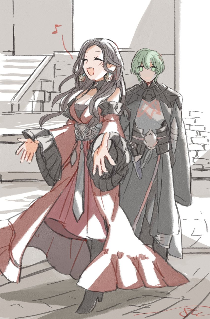 1boy 1girl armor batoson54 breasts brown_hair male_byleth_(fire_emblem) choker cleavage closed_mouth dagger dorothea_arnault dress earrings fire_emblem fire_emblem:_three_houses full_body green_eyes green_hair highres jewelry knife large_breasts long_hair music nintendo open_mouth red_dress sheath sheathed singing smile weapon