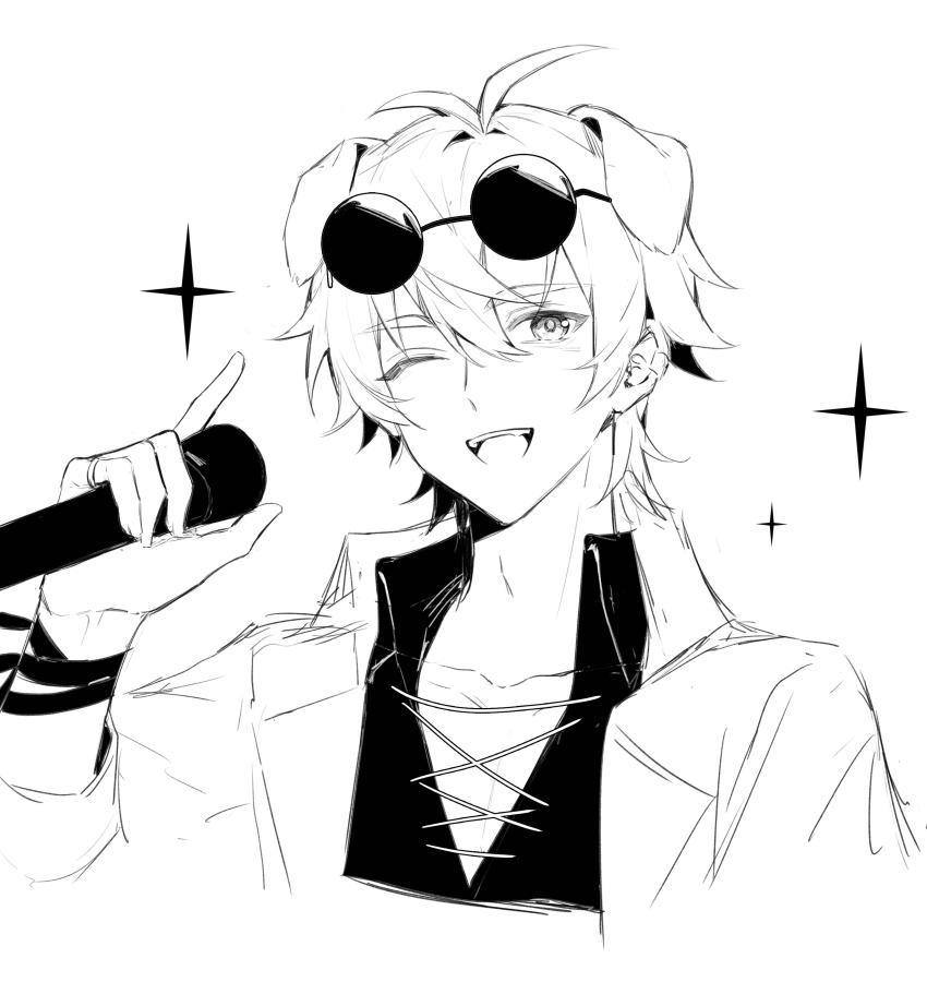 1boy absurdres ahoge animal_ears arknights bandaged_wrist bandages blush chinese_commentary collar collarbone commentary_request dog_boy dog_ears ear_piercing earrings hair_between_eyes highres holding holding_microphone jacket jewelry looking_to_the_side male_focus messy_hair microphone monochrome one_eye_closed open_clothes open_jacket open_mouth open_shirt piercing ring shirt smile solo sparkle teeth tequila_(arknights) tequila_(top_tier_live)_(arknights) thick_eyebrows tongue upper_body white_background white_string xiakong33274