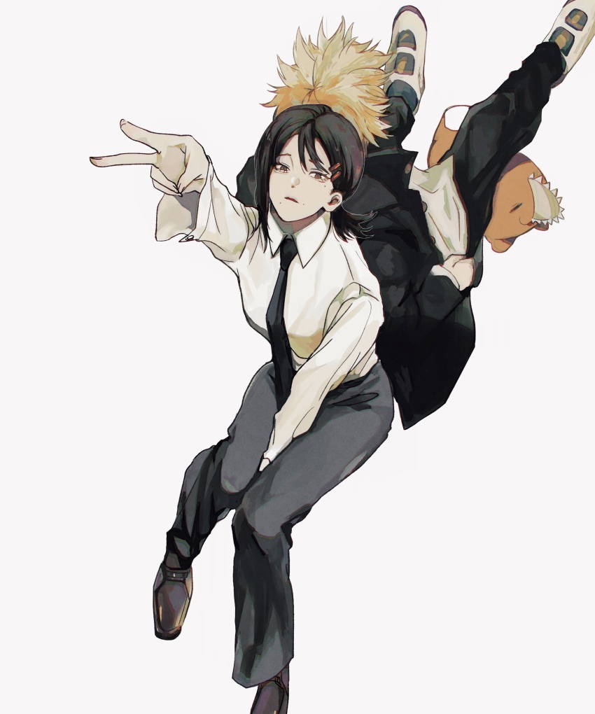 1boy 1girl absurdres back-to-back black_hair black_jacket black_necktie black_pants blonde_hair chainsaw chainsaw_man closed_eyes collared_shirt commentary_request denji_(chainsaw_man) from_above gakuran hair_ornament hairclip higashiyama_kobeni highres jacket looking_afar looking_at_viewer necktie pants pochita_(chainsaw_man) ponytail school_uniform sensui_n shirt shirt_tucked_in short_hair short_ponytail simple_background single_sidelock spiked_hair white_background white_shirt