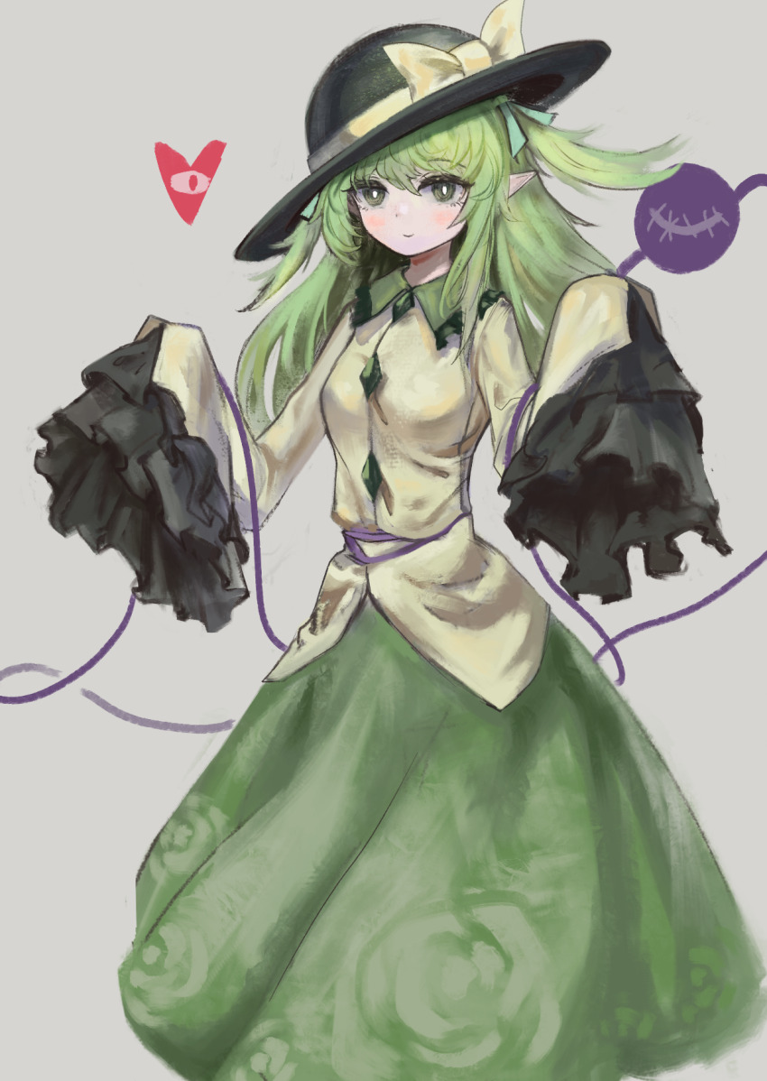 1girl alternate_costume black_hat black_souls breasts bright_pupils buttons closed_mouth collar collared_shirt cosplay diamond_button dot_nose floral_print green_collar green_eyes green_ribbon green_skirt grey_background grey_hair hair_ribbon hat hat_ribbon highres komeiji_koishi komeiji_koishi_(cosplay) leaf_(black_souls) light_smile long_hair long_sleeves looking_at_viewer pointy_ears print_skirt ribbon ropeperson rose_print shirt skirt sleeves_past_fingers sleeves_past_wrists slit_pupils small_breasts solo standing touhou two_side_up white_pupils yellow_ribbon yellow_shirt