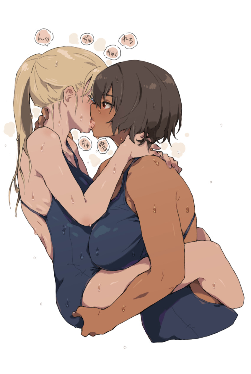 2girls blonde_hair blue_eyes blue_one-piece_swimsuit breasts dark-skinned_female dark_skin french_kiss height_difference highres hug kiss large_breasts lifting_person long_hair looking_at_another m_k multiple_girls one-piece_swimsuit original ponytail profile red_eyes short_hair simple_background small_breasts sweat swimsuit tongue tongue_out wet white_background yuri