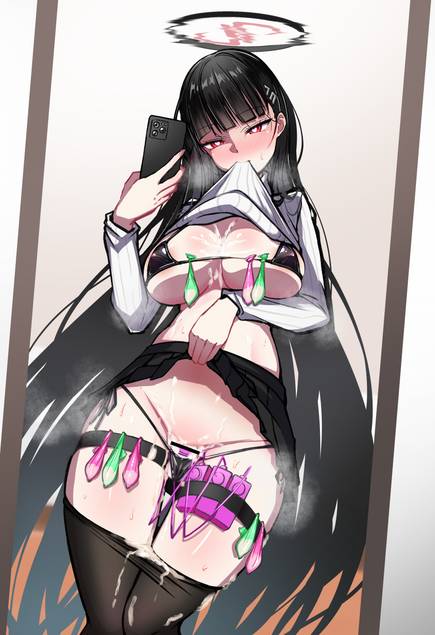 1girl absurdres ahiru_taii areola_slip bar_censor bikini biting biting_clothes black_bikini black_hair black_pantyhose black_skirt blue_archive blunt_bangs blush breasts cellphone censored clothes_lift clothes_pull commentary_request commission condom cum cum_on_body cum_on_breasts cum_on_upper_body dildo hair_ornament hairclip heart heart-shaped_pupils highres holding holding_phone large_breasts long_hair micro_bikini mirror_selfie object_insertion pantyhose pantyhose_pull phone pixiv_commission red_eyes ribbed_sweater rio_(blue_archive) selfie sex_toy skirt skirt_lift smartphone solo sweat sweater sweater_lift swimsuit symbol-shaped_pupils turtleneck turtleneck_sweater used_condom vaginal vaginal_object_insertion variant_set very_long_hair vibrator white_sweater