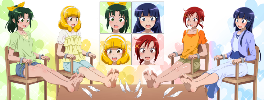 4girls ahoge aoki_reika barefoot blue_dress blue_eyes blue_hair blue_jacket blue_shorts blunt_bangs blunt_ends breasts brown_shorts camisole chair coffee_table collarbone commentary commission d: dress english_commentary feathers feet feet_on_table foot_focus frilled_shirt frilled_shorts frilled_sleeves frills full_body furrowed_brow gradient_background green_eyes green_hair green_shirt hair_ornament hair_ribbon hairband hairclip heart heart_background highres hime_cut hino_akane_(smile_precure!) imminent_tickling jacket kise_yayoi long_hair long_sleeves looking_down midorikawa_nao mixed-language_commentary multiple_girls open_clothes open_jacket open_mouth orange_shirt orange_tank_top orcaleon outstretched_legs ponytail precure puffy_short_sleeves puffy_sleeves red_eyes red_hair ribbon scared shirt short_hair short_ponytail short_sleeves shorts small_breasts smile_precure! soles table tank_top tearing_up teeth toes upper_teeth_only v-neck white_background white_feathers white_hairband white_shirt x_hair_ornament yellow_camisole yellow_eyes yellow_ribbon