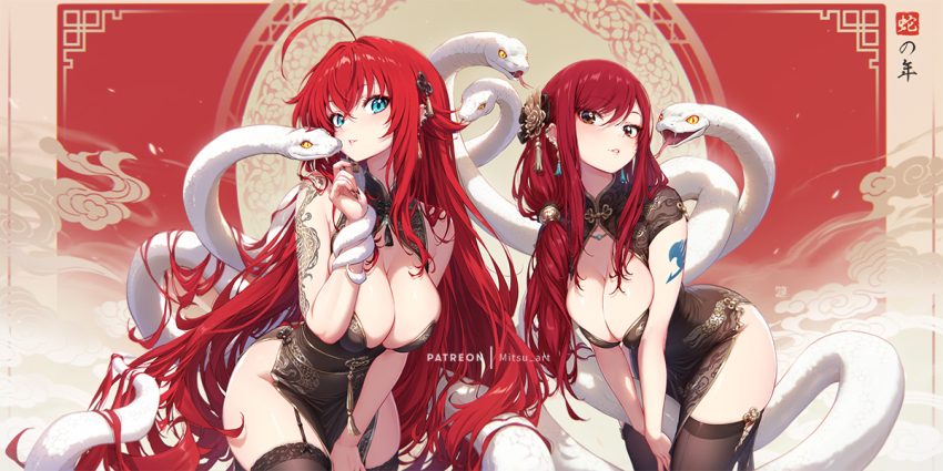 2girls ahoge alternate_costume arm_tattoo black_dress black_nails black_thighhighs blue_eyes breasts brown_eyes china_dress chinese_clothes chinese_zodiac cleavage color_connection commentary crossed_bangs crossover dress english_commentary erza_scarlet fairy_tail female_focus garter_straps hair_between_eyes hair_color_connection high_school_dxd large_breasts long_hair mitsu_(mitsu_art) multiple_girls nail_polish patreon_username red_hair rias_gremory snake tattoo thighhighs thighs trait_connection very_long_hair year_of_the_snake