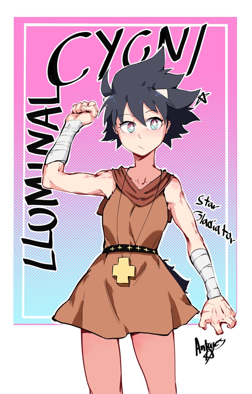 1girl :/ absurdres antares_topaz artist_name bandaged_arm bandages bare_shoulders belt black_belt black_hair blue_background blue_eyes blush border brown_tunic character_name check_clothing child clenched_hand clothing_request collarbone commentary cygni_boreas_lluminal detailed_knuckles english_commentary english_text fingernails hair_ornament highres long_neck looking_to_the_side medium_hair multicolored_eyes nose_blush pale_skin pink_background pink_eyes plus_sign scar scar_on_hand signature skinny solo spiked_hair star_(symbol) star_linker toned toned_female tunic two-tone_eyes white_background white_border