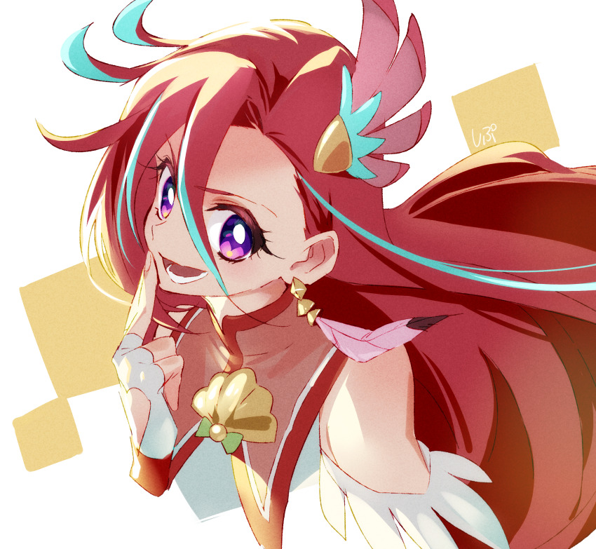 1girl aqua_hair bare_shoulders bow capelet clothing_cutout collared_capelet cropped_torso cure_flamingo detached_sleeves earrings eyelashes feather-trimmed_sleeves feather_earrings feather_hair_ornament feathers finger_to_mouth fingerless_gloves fingernails floating_earrings gloves green_bow hair_between_eyes hair_ornament happy heart_cutout highres jewelry long_hair long_hair_between_eyes looking_at_viewer lower_teeth_only magical_girl multicolored_hair open_mouth pointy_nose precure purple_eyes red_capelet red_hair shell_brooch shipu_(gassyumaron) shirt short_sleeves signature sleeveless sleeveless_shirt smile solo square streaked_hair swept_bangs takizawa_asuka teeth tropical-rouge!_precure two-tone_hair very_long_hair white_background white_gloves white_shirt white_sleeves yellow_brooch