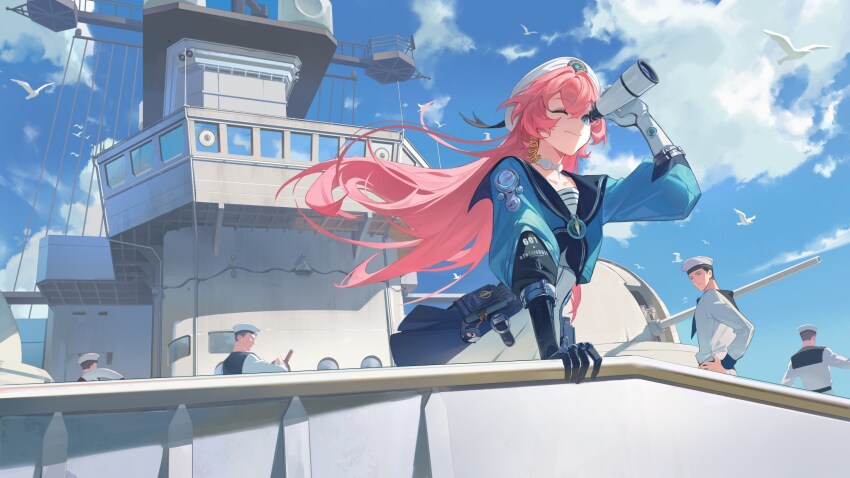 1girl 4boys bird blue_eyes blue_sky fate_trigger:_the_novita hand_up highres multiple_boys nase_(trigger_of_fate_the_novita) on_ship pink_hair seagull ship_deck sky spyglass telescope