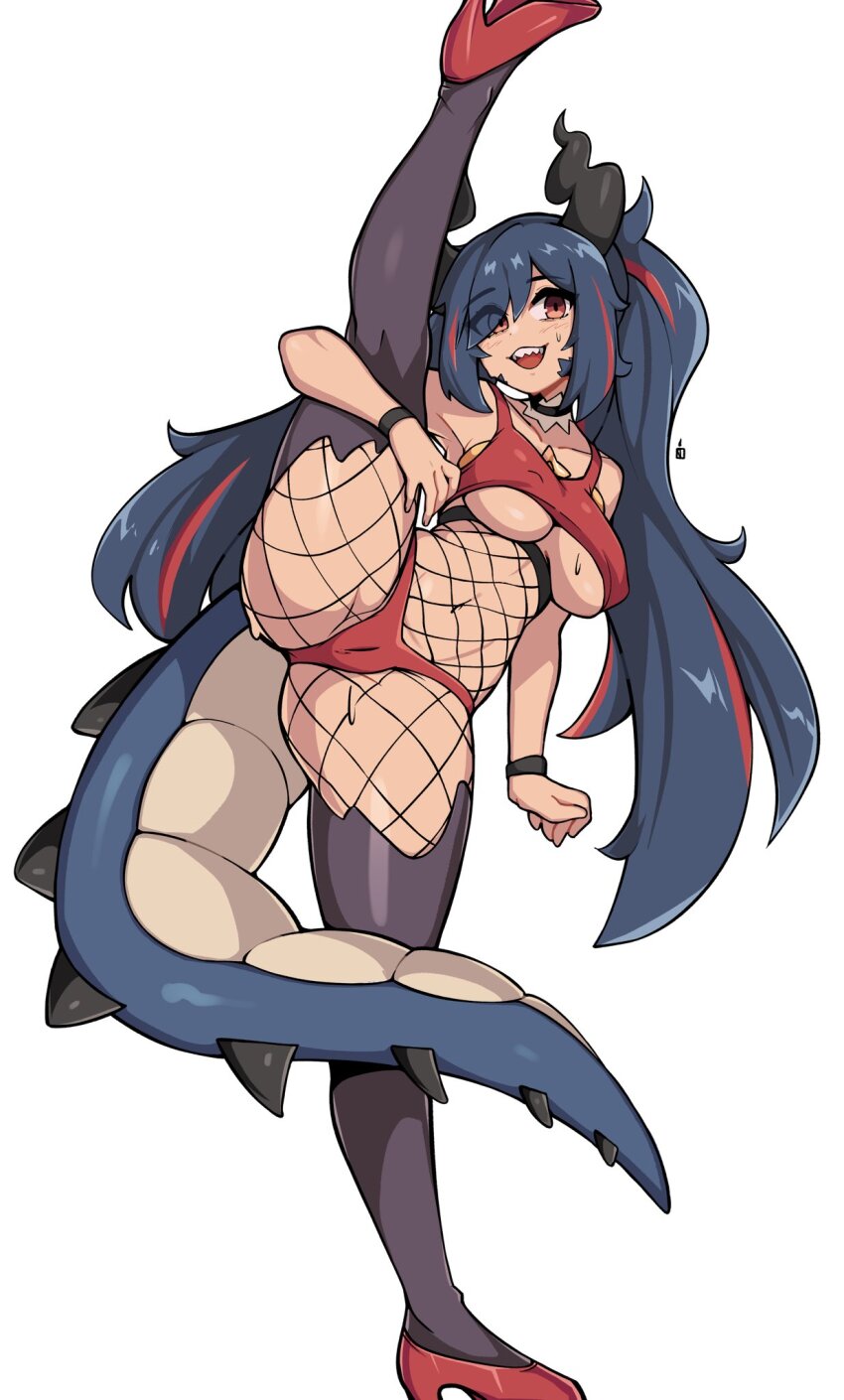 1girl black_choker blue_hair breasts cameltoe choker commentary commission dragon_girl dragon_horns dragon_tail english_commentary fishnets full_body high_heels highres horns large_breasts leg_up long_hair looking_at_viewer multicolored_hair oninuer open_mouth original parted_bangs purple_thighhighs red_eyes red_shoes red_streaks shoes simple_background smile solo split standing standing_on_one_leg standing_split stomach streaked_hair sweat tail thighhighs underboob white_background