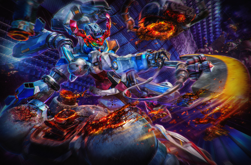absurdres axe battle commentary_request damaged debris disembodied_head dynamic_pose foreshortening glowing glowing_eyes gquuuuuux gundam gundam_gquuuuuux heat_hawk highres holding holding_axe holding_weapon mecha mecha_focus mobile_suit motion_blur no_humans o&#039;neill_cylinder robot science_fiction severed_limb slashing space sparks v-fin weapon yamataka_(blenderkame) zaku_ii