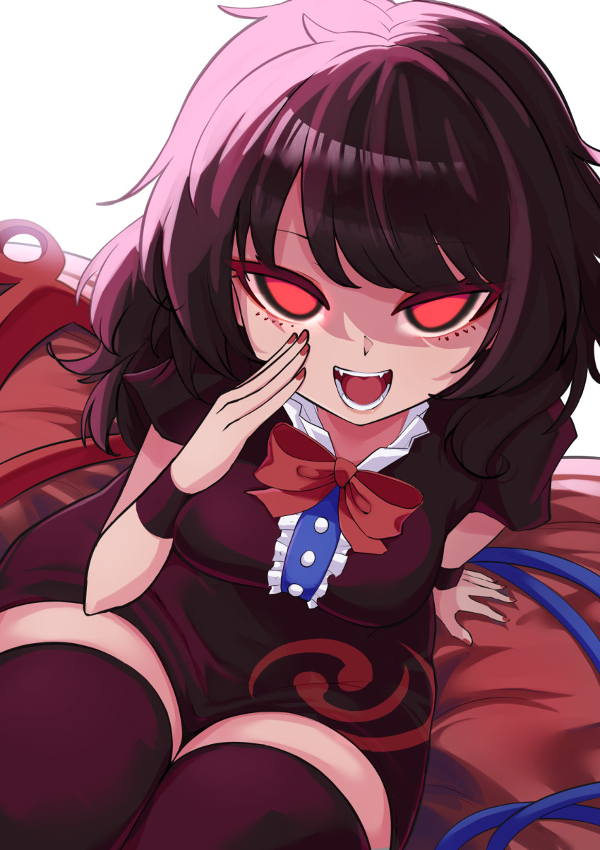 1girl asymmetrical_wings black_thighhighs breasts commentary_request fub_(fubimanji) highres houjuu_nue looking_at_viewer nue_day open_mouth red_eyes red_nails short_hair smile solo thighhighs touhou wings zettai_ryouiki