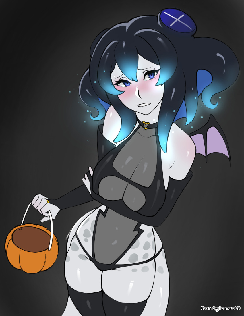 1girl alternate_costume arm_under_breasts blue_eyes blush breasts cleavage colored_skin commission commissioner_upload condylonucla glowing glowing_hair grey_skin halloween_bucket halloween_costume highres large_breasts looking_at_viewer monster_girl original phyluma_(teuthidan) scylla solo tentacle_hair tentacles thighhighs
