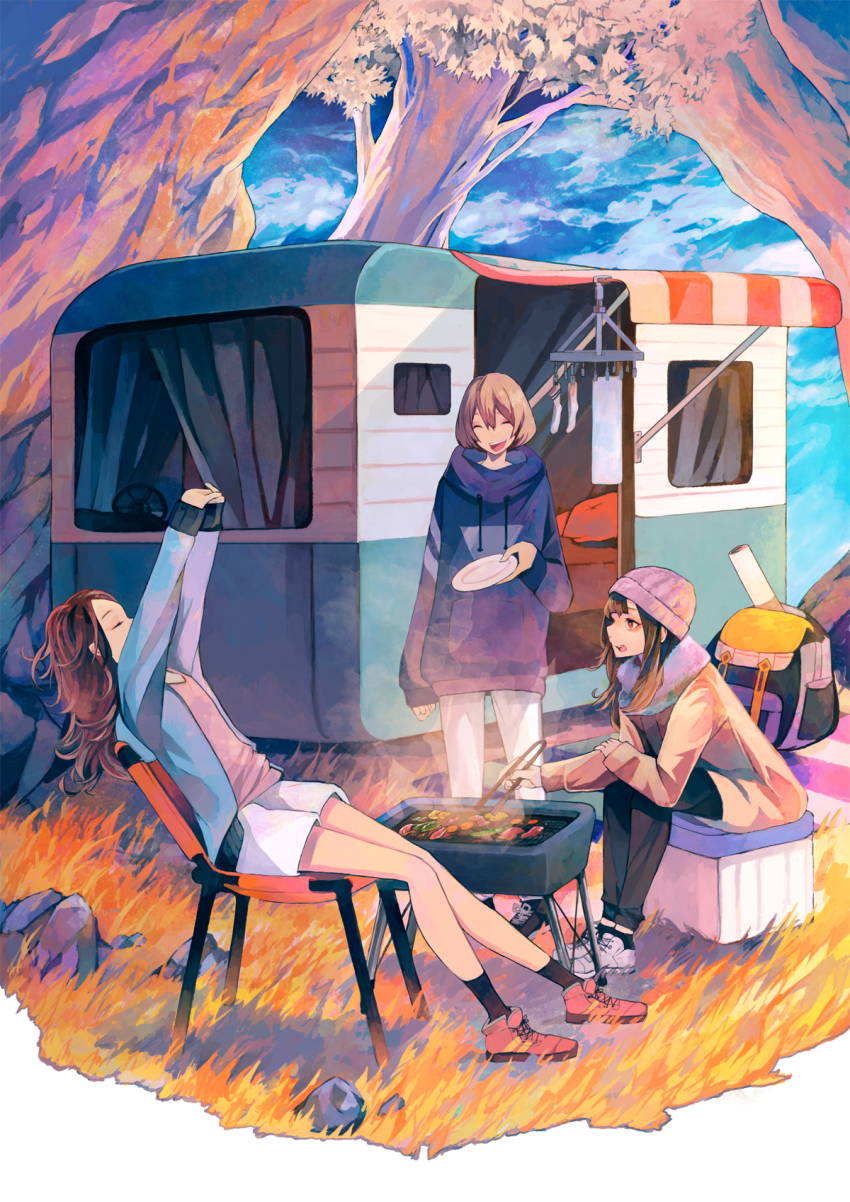 3girls ^_^ arms_up awning backpack bag bare_legs beanie black_legwear black_pants bob_cut brown_eyes brown_hair camper_trailer chair closed_eyes cloud coat cooking cooler curtains food fur_trim grass grill grilling hat highres holding holding_plate hood hood_down hoodie jacket knit_hat laundry leaning_back leaning_forward long_hair long_sleeves looking_at_another meat multiple_girls nanakawa_(nanasoon) nature open_clothes open_jacket open_mouth original outdoors outstretched_arms own_hands_together pants pink_shoes plate recreational_vehicle rock shoes short_hair shorts sitting sky smile smoke sneakers socks standing stretching teeth tongs trailer tree unworn_backpack unworn_bag unworn_socks vehicle white_pants white_shorts