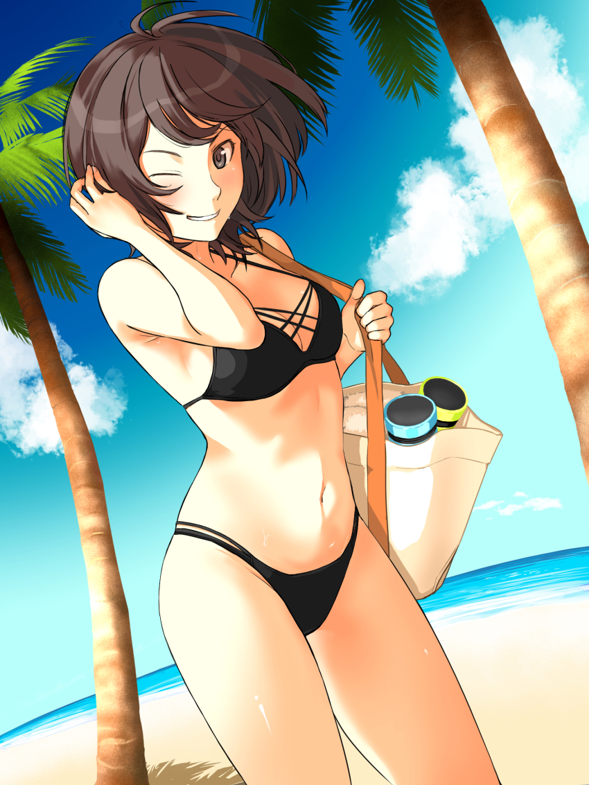 1girl ;) adjusting_hair amagami bag beach bikini black_bikini breasts brown_eyes brown_hair highres horizon medium_breasts medium_hair multi-strapped_bikini_bottom multi-strapped_bikini_top navel one_eye_closed palm_tree shoulder_bag smile solo swimsuit takahashi_maya takenoko_saba_otto tree