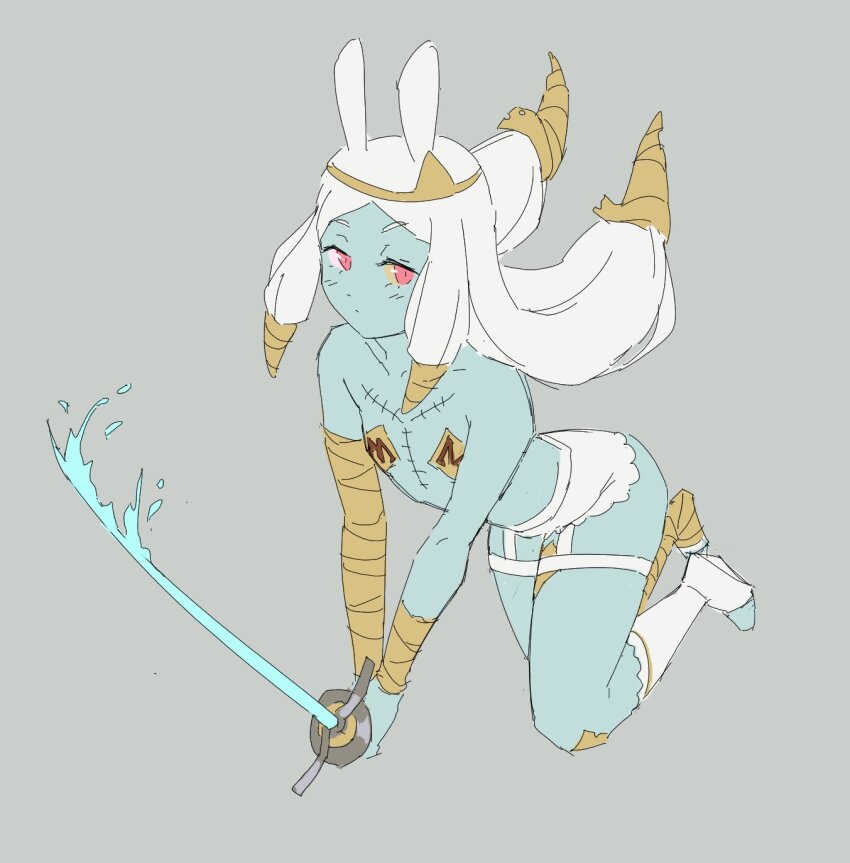 1girl animal_ears arched_back asymmetrical_legwear bandaged_arm bandaged_foot bandaged_knees bandaged_leg bandaged_wrist bandages bare_shoulders blue_skin borrowed_character closed_mouth collarbone colored_sclera colored_skin commentary dot_mouth dot_nose energy_sword english_commentary feet_up flat_chest floating floating_hair frilled_panties frilled_socks frills full_body furrowed_brow garter_straps gold_headband grey_background hair_tubes half-closed_eyes heterochromia highres holding holding_sword holding_weapon kneehighs leaning_forward legs_together light_blush long_eyelashes long_hair long_sidelocks looking_at_viewer looking_to_the_side looking_up low-tied_long_hair low-tied_sidelocks mismatched_legwear narrowed_eyes no_shoes original outstretched_arms own_hands_together panties parted_bangs pasties pink_eyes pink_sclera rabbit_ears red_eyes saber_(weapon) sidelocks simple_background sketch socks solo stitched_chest stitched_torso stitches sword thick_eyelashes thighs toeless_legwear topless_female two-handed_sword underwear v-shaped_eyebrows v_arms vertigris weapon white_garter_straps white_hair white_panties white_socks wide_hips yellow_pasties yellow_sclera zombie