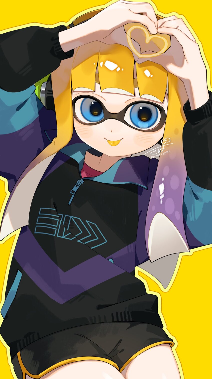 1girl :q black_shorts blonde_hair blue_eyes commentary_request dolphin_shorts gradient_hair heart heart_hands heart_in_heart_hands highres inkling inkling_girl inkling_player_character long_hair looking_at_viewer multicolored_hair nintendo outline purple_hair sabata_saba shorts solo splatoon_(series) splatoon_3 tentacle_hair tongue tongue_out two-tone_hair yellow_outline
