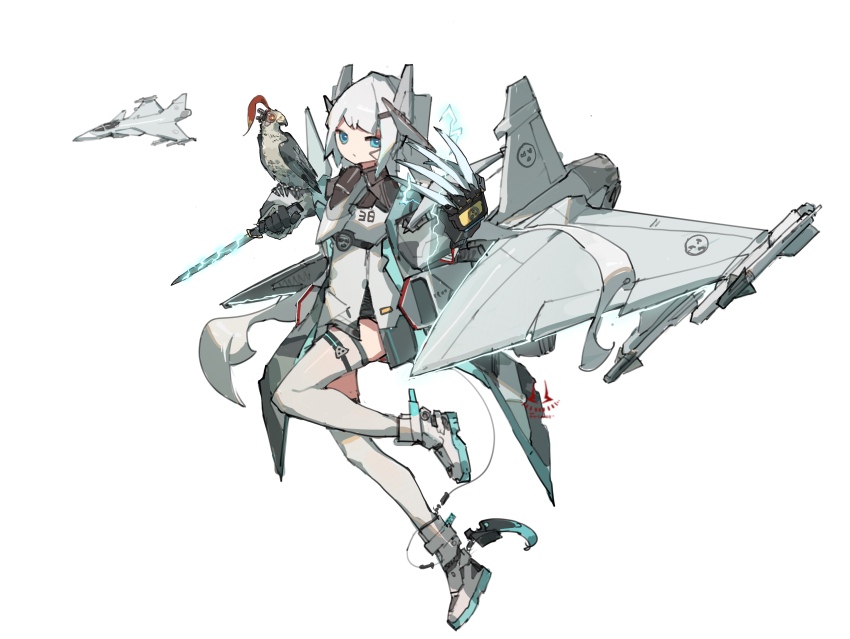bird blue_eyes claws dagger frider highres holding holding_dagger holding_knife holding_weapon knife mecha_musume original personification saab saab_gripen saab_gripen_(personification) tachi-e talons thighhighs vehicle_and_personification war_thunder weapon white_hair white_thighhighs