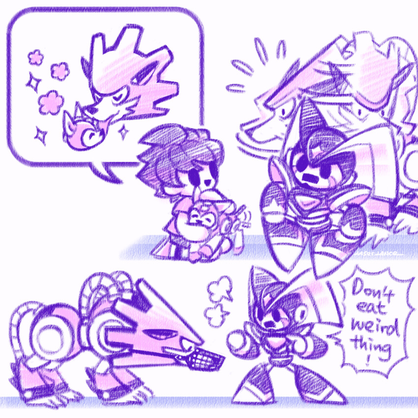 2boys bass_(mega_man) blue_eyes english_text highres humanoid_robot laser-lance limited_palette looking_at_another male_focus mega_man_(character) mega_man_(classic) mega_man_(series) multiple_boys muzzle non-humanoid_robot open_mouth red_eyes robot robot_animal rush_(mega_man) short_hair speech_bubble treble_(mega_man)