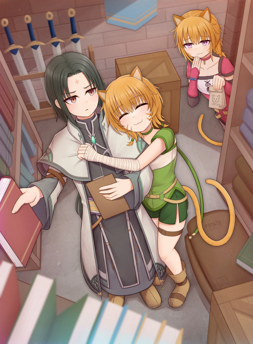 1boy 2girls :3 absurdres animal_collar animal_ears arm_guards arm_wrap atorie bag banner belt belt_buckle black_hair book bookshelf boots brick_wall brooch brown_belt brown_footwear buckle capelet cat_ears cat_girl cat_tail clipboard closed_eyes closed_mouth coat collar collarbone commentary commentary_request commission crate dress english_commentary facial_mark facing_viewer film_grain fire_emblem floor forehead_mark from_above full_body green_collar green_shirt green_shorts grey_dress hair_between_eyes hair_ornament half-closed_eyes hand_up hands_up head_on_another&#039;s_shoulder hetero highres holding holding_bag holding_book holding_clipboard hug indoors jewelry lethe_(fire_emblem) light_particles long_dress long_hair long_sleeves looking_at_another lyre_(fire_emblem) medium_hair mixed-language_commentary multiple_girls neck_ribbon nintendo obiage orange_hair orange_tail parted_bangs parted_lips pink_collar pink_shirt pixiv_commission purple_eyes red_eyes ribbon sash shirt short_sleeves shorts siblings side_slit side_slit_shorts sisters sleeves_past_wrists smug soren_(fire_emblem) soren_(radiant_confidant)_(fire_emblem) standing sword tail tail_raised thigh_belt thigh_strap upper_body v-shaped_eyebrows very_long_hair wall weapon whisker_markings white_capelet white_coat wide_sleeves yellow_sash