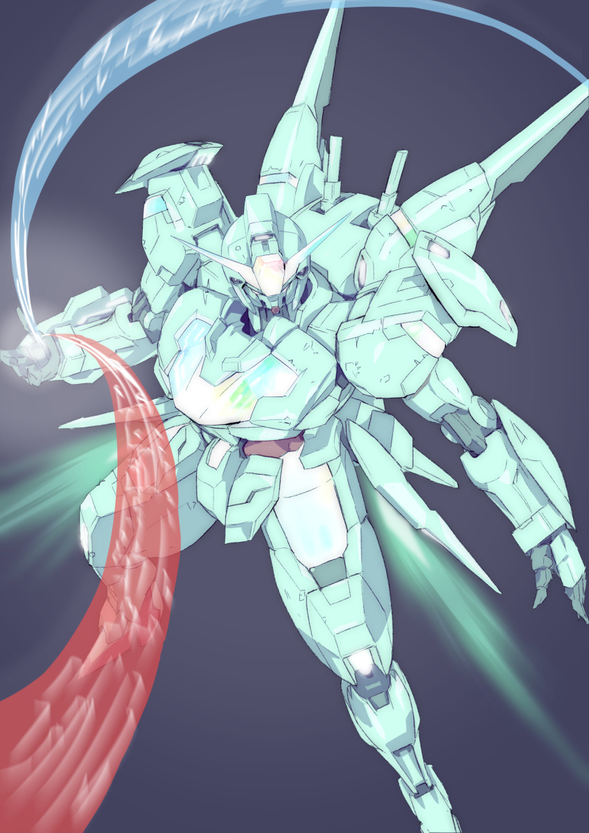commentary energy exhaust glowing grey_background gundam gundam_calibarn gundam_suisei_no_majo highres mecha mobile_suit ni~tsu_kashi no_humans robot science_fiction solo thrusters v-fin