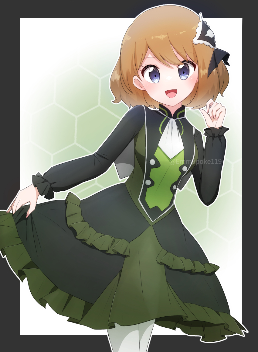 1girl :d ascot blonde_hair commentary_request dress eyelashes frills grey_eyes hair_ornament hand_up happy highres long_sleeves nintendo official_alternate_costume open_mouth pantyhose pokemon pokemon_masters_ex sakura_enma serena_(pokemon) serena_(sygna_suit)_(pokemon) short_hair smile solo white_ascot white_pantyhose