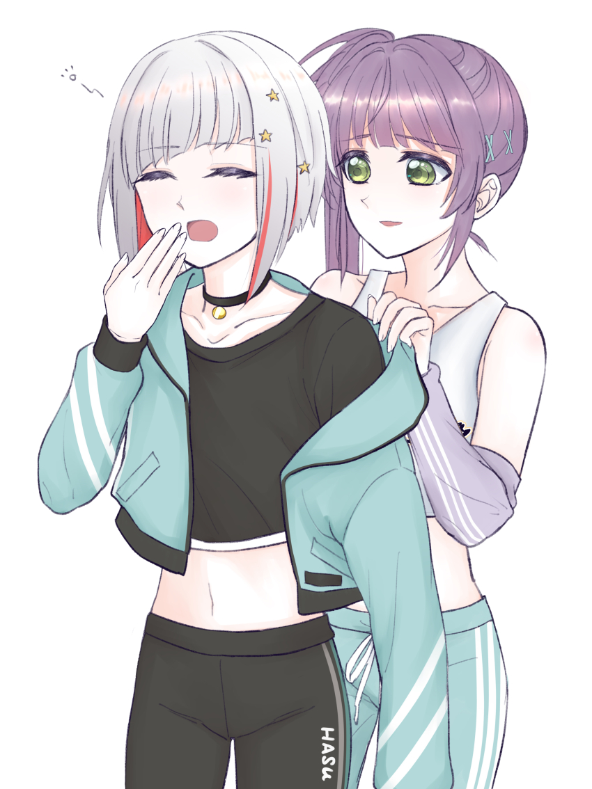 2girls absurdres aegis_zan aqua_jacket aqua_pants black_choker black_pants black_shirt bob_cut choker closed_eyes colored_inner_hair commentary_request cowboy_shot crop_top cropped_shirt diagonal_bangs don_quijote_(store) green_eyes grey_hair hair_ornament highres inverted_bob jacket link!_like!_love_live! long_hair long_sleeves looking_at_another love_live! midriff multicolored_hair multiple_girls navel official_alternate_costume open_clothes open_jacket open_mouth otomune_kozue pants purple_hair red_hair shirt short_hair side_ponytail sidelocks simple_background squeans star_(symbol) star_hair_ornament streaked_hair tank_top virtual_youtuber white_background white_tank_top yawning yugiri_tsuzuri