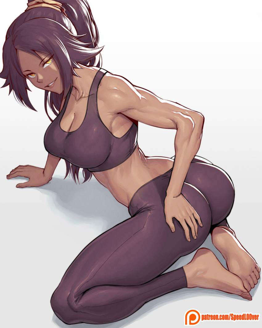 1girl absurdres ass barefoot bleach breasts cleavage dark-skinned_female dark_skin highres large_breasts leggings long_hair looking_at_viewer muscular muscular_female parted_lips patreon_username ponytail purple_hair purple_leggings purple_sports_bra shihouin_yoruichi simple_background smile solo speedl00ver sports_bra yellow_eyes