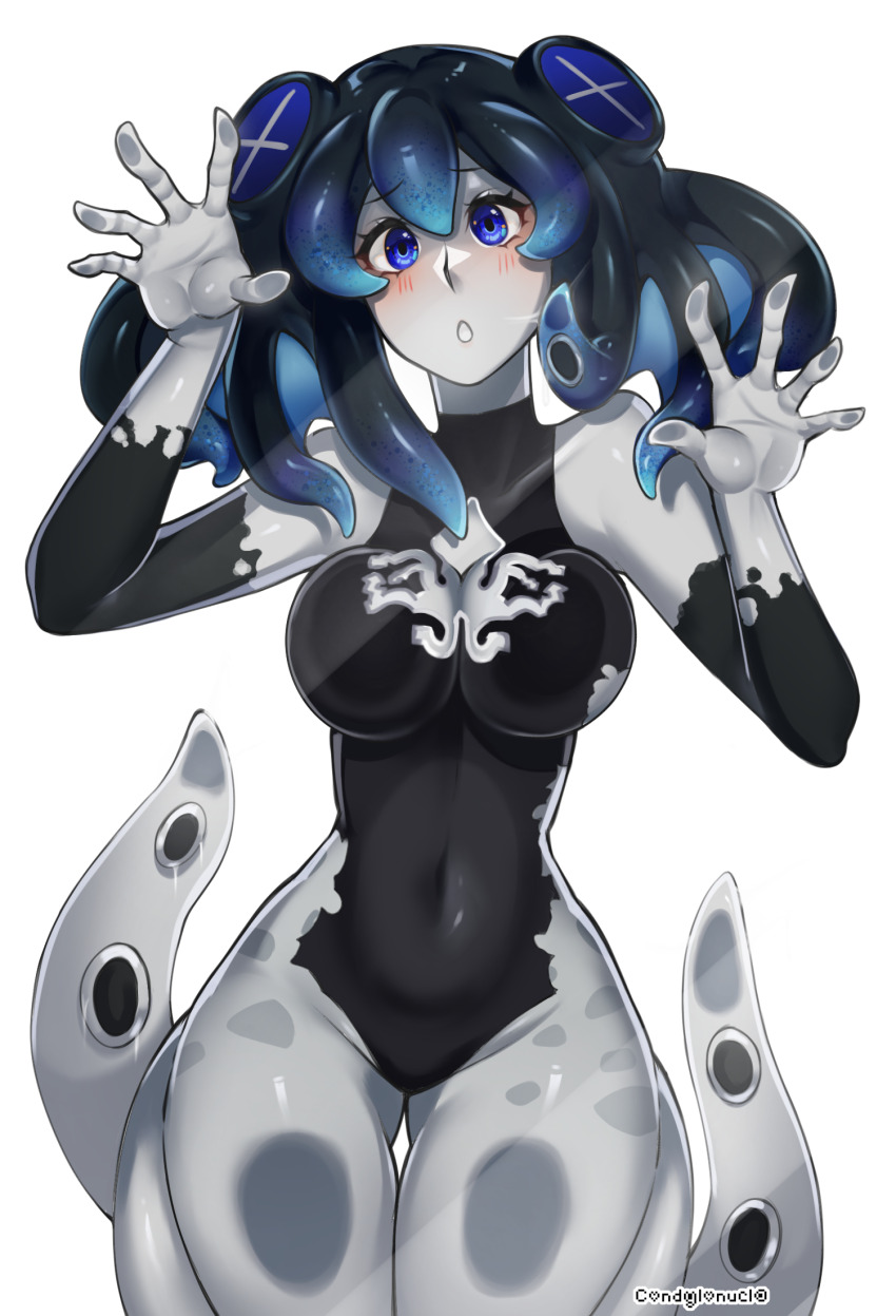 1girl against_glass blue_eyes bodypaint breasts cleavage cleavage_cutout clothing_cutout colored_skin commission commissioner_upload condylonucla grey_skin highres looking_at_viewer medium_breasts monster_girl original phyluma_(teuthidan) scylla solo tentacle_hair tentacles