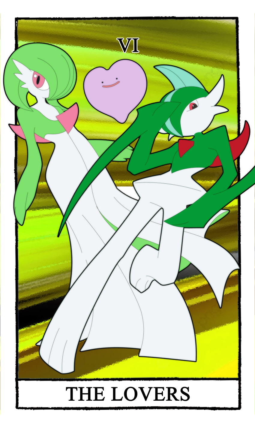 1boy 1girl absurdres border card_(medium) carrotzmoonman commentary ditto english_commentary flat_color full_body gallade gardevoir gen_1_pokemon gen_3_pokemon gen_4_pokemon green_background hair_over_one_eye highres nintendo pokemon pokemon_(creature) red_eyes tarot tarot_(medium) the_lovers_(tarot) white_border