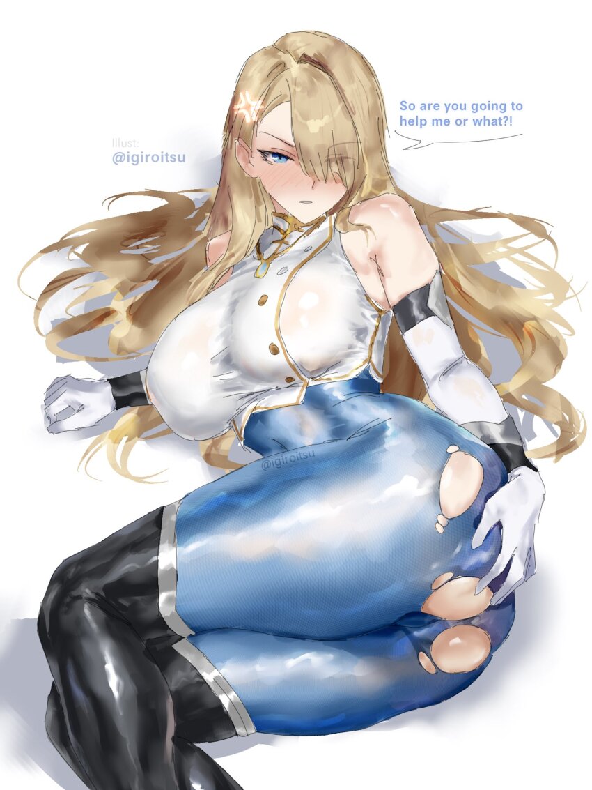 1girl ass blonde_hair blue_eyes blush bodystocking breasts brown_dust_(series) brown_dust_2 commentary elbow_gloves english_commentary feet_out_of_frame gloves hair_over_one_eye highres igiroitsu large_breasts long_hair looking_at_viewer lying on_side simple_background solo speech_bubble torn_bodystocking torn_clothes white_background white_gloves wilhelmina_(brown_dust)