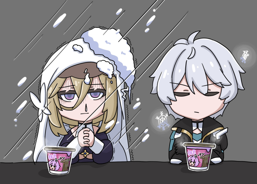 1boy 1girl aponia black_gloves black_jacket brown_hair chibi closed_eyes closed_mouth cold commentary_request gloves grey_background grey_hair hair_between_eyes highres honkai_(series) honkai_impact_3rd instant_ramen interlocked_fingers jacket kevin_kaslana long_sleeves looking_at_viewer mokkyo_(motkyo) own_hands_clasped own_hands_together puffy_long_sleeves puffy_sleeves purple_eyes simple_background snow snowflakes trembling turn_pale upper_body v-shaped_eyebrows veil