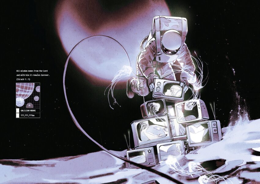 1girl 1other absurdres astronaut english_text highres jellyfish moon original space television toktin_zq