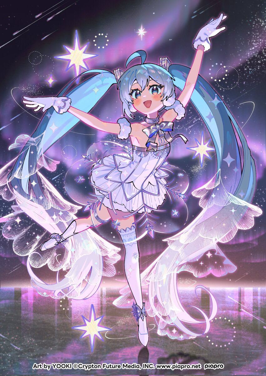 1girl ahoge aqua_eyes aqua_hair armpits arms_up aurora ballerina ballet ballet_dress ballet_slippers blush breasts dress frilled_dress frills gloves hair_between_eyes hair_ornament hatsune_miku highres long_hair medium_breasts miku_symphony_(vocaloid) official_alternate_costume official_alternate_hairstyle open_mouth smile solo standing standing_on_one_leg strapless strapless_dress thighhighs twintails very_long_hair vocaloid white_gloves white_thighhighs yooki_(winter_cakes)