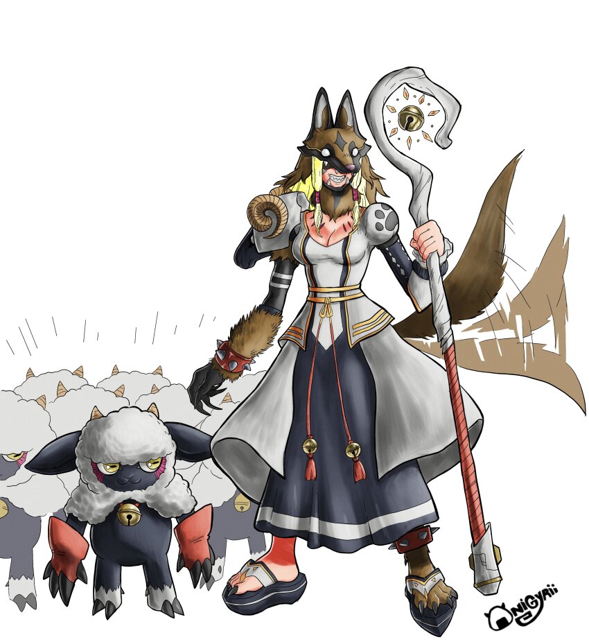 absurdres bell breasts digimon digimon_(creature) highres looking_at_viewer mask oridigi original sheep spikes